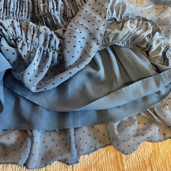 Sandro Paris Blue Smocked Mini Dress Sheer Polka Dot Ruffle Long Sleeve Small - Picture 11 of 12